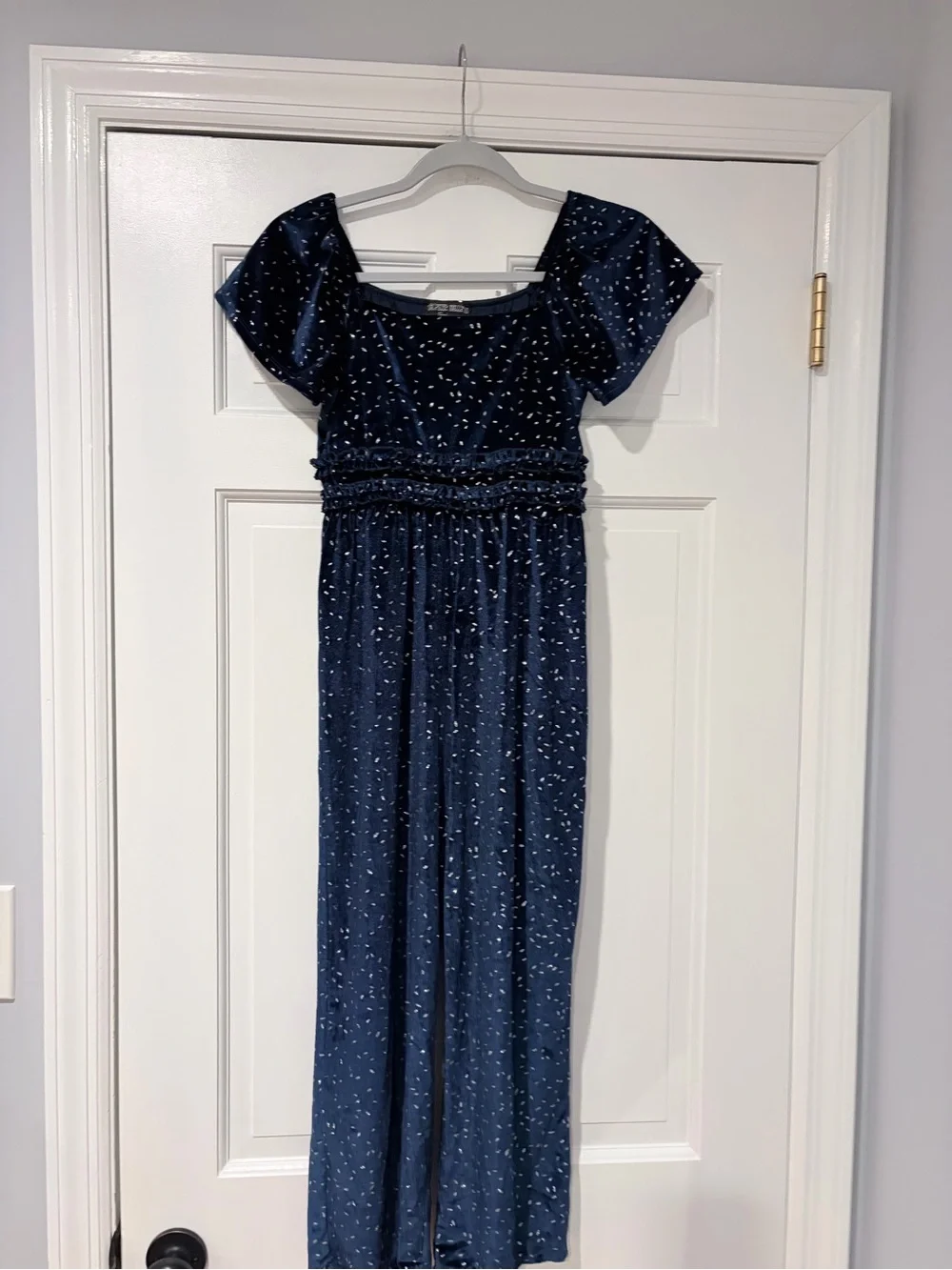 Girls Navy Blue Velour Sparkle Smock Waist Jumpsuit Large